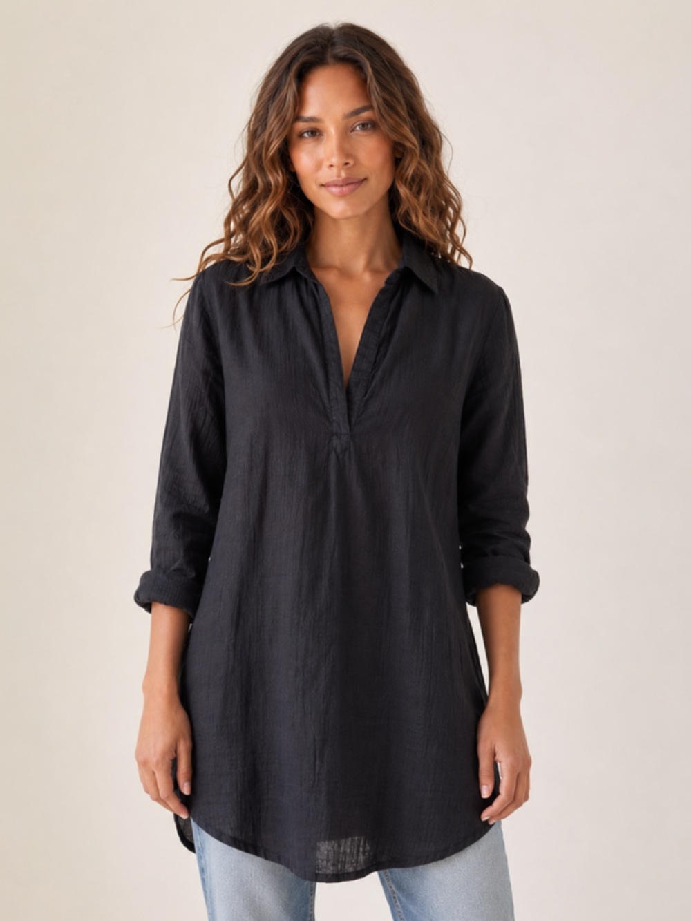 Lauren Ralph Lauren Black 100% Cotton Long-Sleeve Collared Tunic Top Cover-Up L